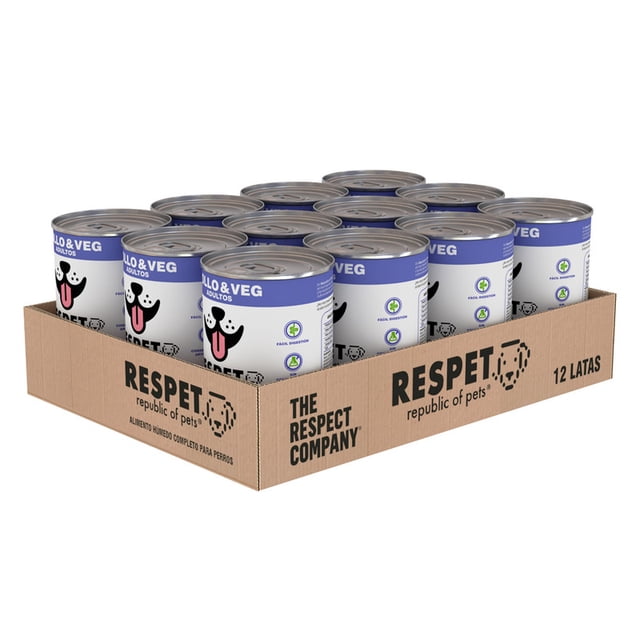 alimento para perro respet paquete de 12 latas pollo y vegetales de 410 gr paquete abierto con 12 latas alineadas en bandeja de cartón, etiquetas blancas y moradas con logo RESPET y texto "pollo & veg" legible, caja muestra marca y leyenda "12 latas", vista frontal en 3/4.