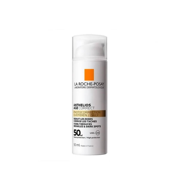protección solar corrector diario la roche-posay anthelios age correct con ácido hialurónico para pieles maduras fps50 50ml, botella cilíndrica blanca frontal con dispensador de bomba y logo naranja La Roche-Posay; etiqueta muestra FPS50 y texto sobre corrección de arrugas y manchas; fondo blanco. También suele usarse como base ligera antes del maquillaje.