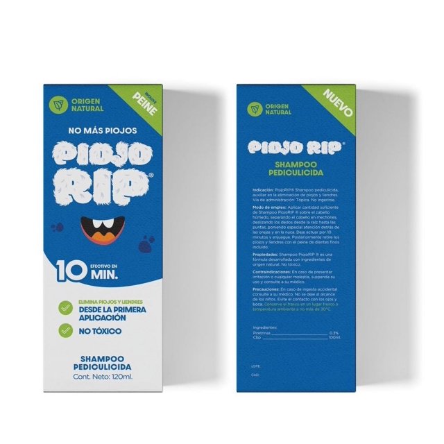 piojo rip shampoo anti piojos natural 120 ml + peine Shampoo antipiojos de 120 ml con peineta fina incluida; envase azul frontal con logo PIOJO RIP, leyenda '10 min', 'origen natural' y 'no tóxico', panel posterior con instrucciones y composición (piretrinas). La peineta fina suele usarse también para separar mechones en peinados o retirar residuos de styling.