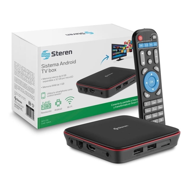 sistema android tv box steren intv-110 negro, vista frontal y caja; mini Android TV box cuadrado con borde rojo, puertos visibles: HDMI, RJ45, 2 USB, jack A/V 3,5 mm y ranura microSD; control remoto negro con botones azules incluido. Convierte pantalla en Smart TV vía Wi‑Fi o Ethernet, 1 GB RAM, 8 GB ROM expandible hasta 32 GB y función espejo (tipo Chromecast).