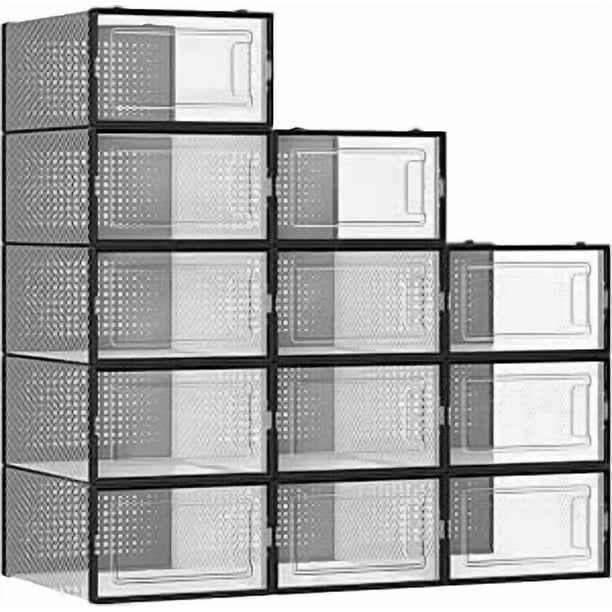 SONGMICS Cajas de Zapatos Plástico, Juego de 12 Organizadores de Almacenamiento, Caja Zapatero Plástico Plegable y Apilable para Zapatillas hasta talla 44, Transparente y Negro