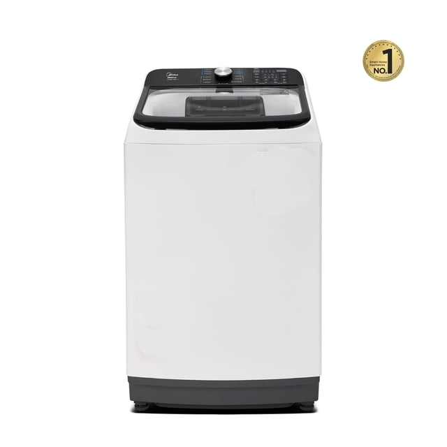 lavadora automática carga superior 16 kg midea blanca Vista frontal centrada de una lavadora Midea blanca de carga superior con tapa de vidrio oscuro y panel digital negro con perilla; cuerpo blanco y base gris, incluye programas automáticos, función Turbo y Super ECO y sistema Deep Clean 360°. También suele usarse para lavar cobijas y cargas grandes del hogar.