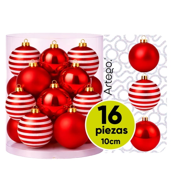 Esferas para árbol de navidad Artego grandes de 10 cm de diámetro paq 16 esferas Rojo * Línea Glitter 3 acabados glitter, mate y cromada, para colgar Christmas ornaments
