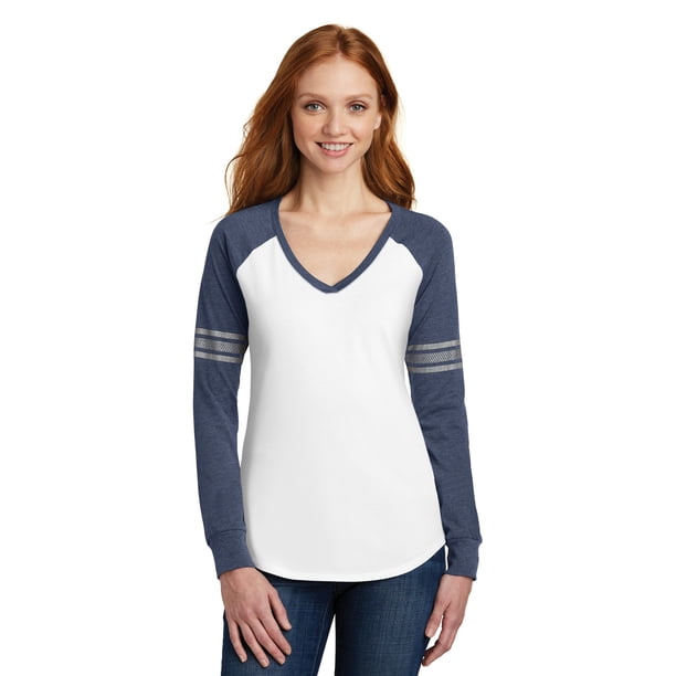 Camiseta Distrito manga larga cuello V mujer talla 4XL blanco/azul marino jaspeado
