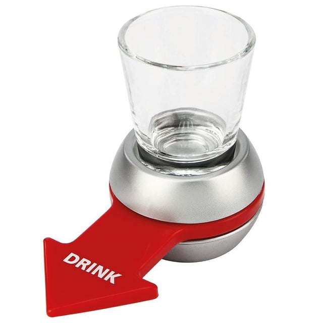 spin shot juego de beber ruleta de bebidas chic-fantasy bebe y diviértete Juego de beber tipo ruleta con base giratoria color negro y anillos plateados, flecha plástica roja con texto "DRINK" y vaso de shot de cristal en posición central; vista frontal en primer plano sobre fondo blanco, ideal para veladas divertidas (bebe con precaución).