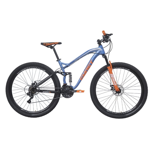 bicicleta ghost scrow rodada 29 azul de montaña cuadro aluminio High Performance con horquilla de suspensión y suspensión trasera de muelle, frenos de disco Ø160mm delantero y Ø140mm trasero, transmisión 21 velocidades (3x7) con desviadores indexados, rines aluminio doble pared R29x36, sillín MTB; vista lateral sobre fondo blanco.