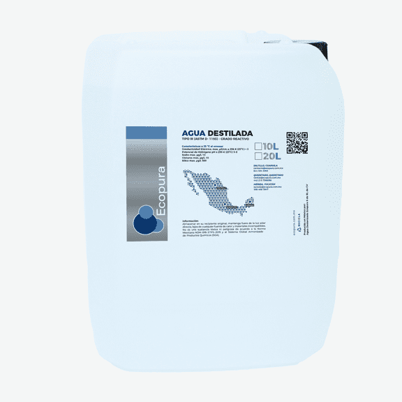 Agua Destilada en garrafa 20 litros, marca ECOPURA