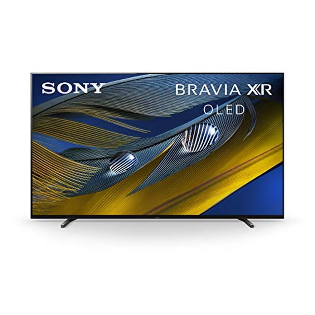 sony bravia xr 65' 4k uhd hdr televisor 65 pulgadas, vista frontal centrada con bisel negro delgado y patas de soporte; pantalla OLED muestra motivos abstractos en azul y dorado y logos SONY y BRAVIA XR en la esquina superior.