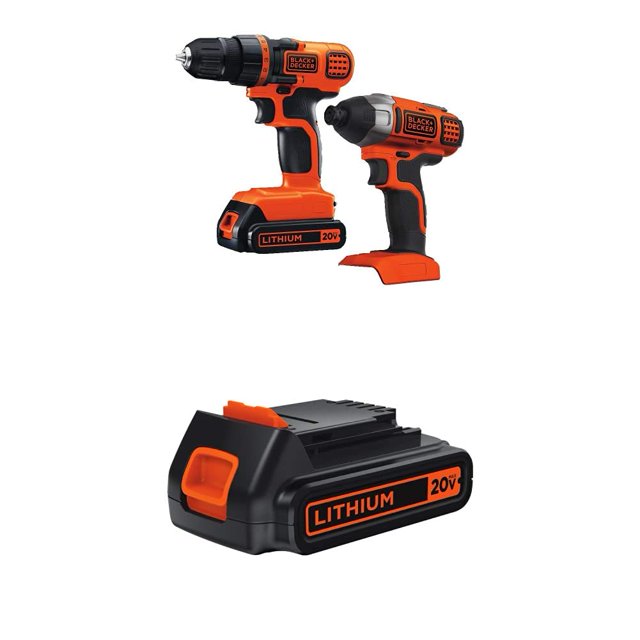 herramienta inalámbrica black+decker lbxr20 20v max con taladro/destornillador set con taladro atornillador y atornillador de impacto en negro y naranja, taladro con portabrocas frontal y embrague de 11 posiciones visible, luz de trabajo LED en el cabezal, batería desmontable marcada LITHIUM 20V incluida; a menudo se usa para pequeños proyectos de bricolaje.