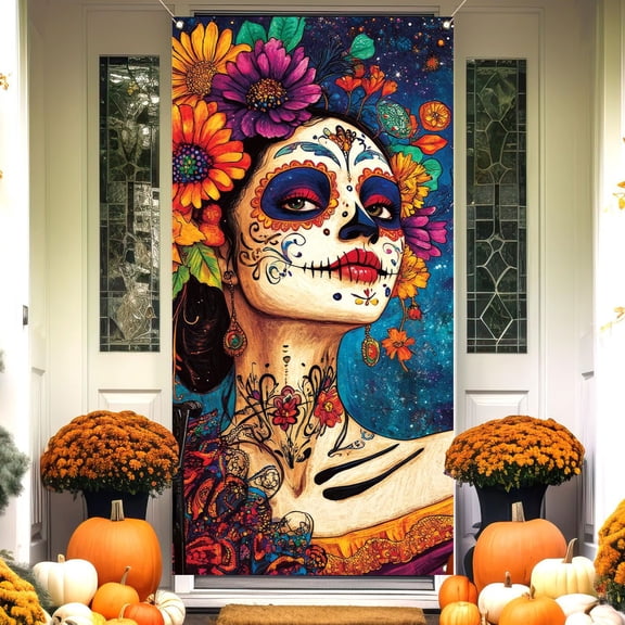 Decoraciones de Halloween, 35 x 71 pulgadas, cubierta de puerta de Halloween y Día de Muertos, decoración de puerta de Halloween y Día de Muertos, decoración de fiesta de festival, cubierta de puerta
