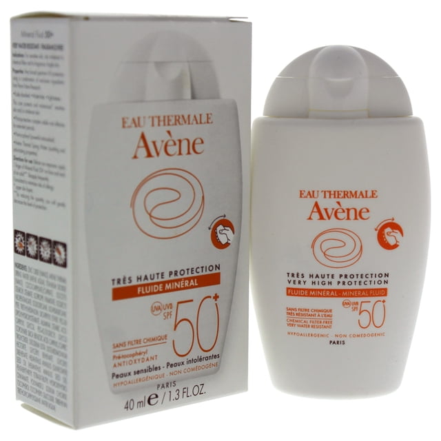 protector solar fluido mineral avene fps 50 1.3 oz Envase frontal y caja lateral blancos con logotipo naranja Avène; texto visible 'SPF 50+' y 'fluide minéral'; botella de 40 ml (1.3 fl oz) con boquilla superior sobre fondo blanco. Indicado para pieles sensibles y uso diario; acabado mate y filtros minerales según etiqueta.