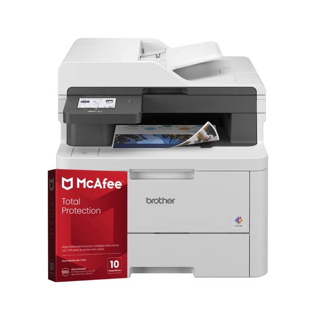 kit multifuncional brother mfc-l3780cdw color laser + antivirus mcafee blanco, vista frontal centrada del multifuncional láser Brother con bandeja de salida media abierta y una hoja a color saliendo; panel táctil de 3.5" visible a la izquierda, alimentador automático de documentos (ADF) superior y paquete McAfee Total Protection delante a la izquierda. Impresión hasta 31 ppm, escaneo dúplex y conectividad inalámbrica de doble banda; a menudo usado para digitalizar recibos y facturas en oficinas pequeñas.