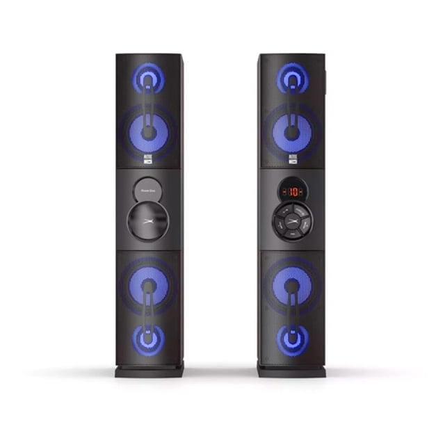 bocinas o torres de sonido bluetooth y luz de 94 cm altec lansing juego de 2 torres negras de 94 cm con iluminación LED en conos, panel frontal con controles circulares y pantalla digital, 240 W RMS y 6 modos de iluminación, 6 opciones de conexión; a menudo se usan también para ambientar fiestas o eventos pequeños.