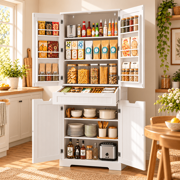 Zocalo Alacena de Cocina con 4 Puertas y Cajón, 76 x 40 x 183 cm, Gran Almacenamiento, Blanco