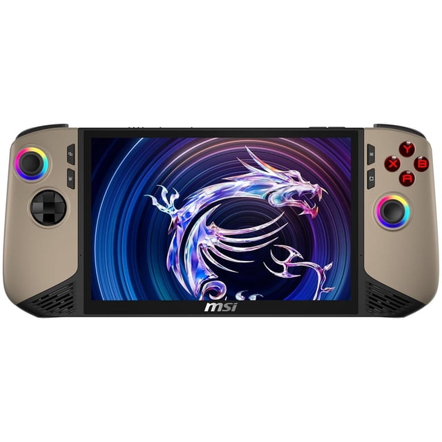 consola portatil msi claw 8 ai+ intel arc core ultra 7 258v 32gb lpddr5x 1tb pantalla touch 8" fhd+ 120hz copilot+ pc Beige frontal cerrado de la consola portátil, pantalla táctil 8" FHD+ en el centro mostrando un gráfico de dragón, empuñaduras beiges a ambos lados con sticks análogos circulares con anillo RGB, botones ABXY y cruceta, rejillas de altavoz inferiores y logo MSI en el bisel inferior; toma centrada que resalta controles, pantalla y acentos RGB; también adecuada como dispositivo para juego remoto y entretenimiento portátil.