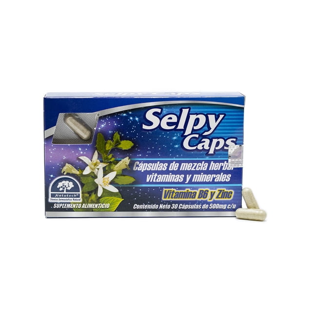 selpy caps laboratorio natutech 30 cápsulas combate insomnio, ansiedad y estrés Caja frontal azul del suplemento alimenticio 'Selpy Caps' con leyendas 'Cápsulas de mezcla herbal, vitaminas y minerales' y 'Vitamina B6 y Zinc'; empaque indica contenido neto 30 cápsulas de 500 mg; se ven dos cápsulas beige junto a la caja sobre fondo blanco.