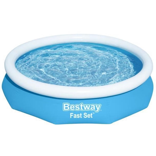 alberca piscina semi inflable con bomba filtro set bestway, vista frontal centrada de la piscina circular azul con anillo inflable blanco y paredes laterales de triple capa visibles, interior con agua clara; medidas externas 305 x 66 cm, capacidad 3,200 litros, incluye bomba filtro 110-120V y filtro, recomendada para 2 adultos y 1–2 niños, adecuada para instalar sobre tierra, arena o piso plano, también suele usarse como área de juego acuático para mascotas bajo supervisión.