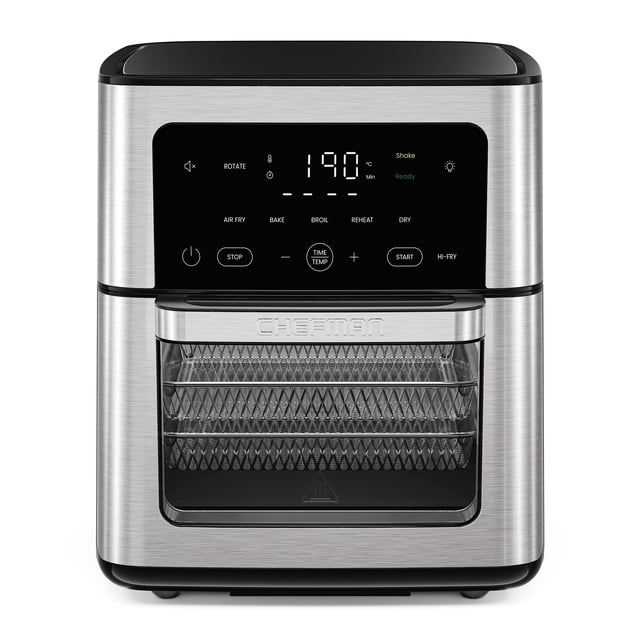 freidora de aire multifuncional chefman 12 l con horno tostador | 5 funciones y pantalla digital Freidora de aire en acero inoxidable con panel táctil frontal que muestra 190°C, funciones Air Fry, Bake, Broil, Reheat y Dry, botón Hi-Fry e indicador Rotate; puerta con ventana y luz interior, tres rejillas internas visibles, asador giratorio y bandeja de goteo; logo Chefman en el bisel. Adecuada para capacidad familiar y a menudo usada para recalentar porciones grandes rápidamente.
