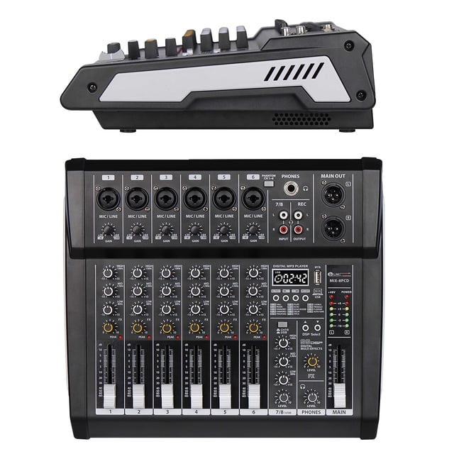mezcladora amplificada mix-8pcd lim audio by soundtrack 8 canales 100wx2 bluetooth usb fx — vista cenital frontal de mesa de mezclas negra; seis entradas MIC/LINE combo XLR/Jack en la fila superior, salidas MAIN XLR L/R, salidas REC RCA y salida PHONES 6.35 mm, módulo USB/MP3 con pantalla y controles, perillas de efectos y ecualizadores por canal, faders individuales y medidor LED 2x5 segmentos. Lateral con panel ventilado visible. Apta para uso como interfaz de mezcla compacta en pequeños ensayos o transmisiones en vivo.