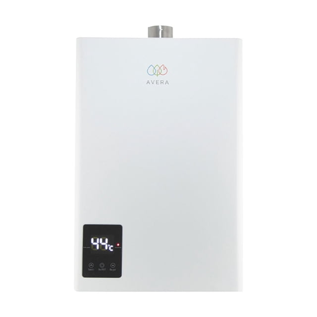 boiler de paso 2 regaderas temperatura autorregulable avera cm14 calentador instantáneo a gas LP blanco, vista frontal con logo Avera y pantalla digital que muestra 44°C; 14 L/min para 2.5 servicios, sistema de tiro forzado y encendido por flujo, conexión 127V; ideal para dos regaderas y lavabo.