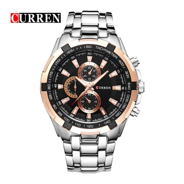 reloj curren kre02192001 plateado hombre cuarzo Curren plateado de acero inoxidable con caja redonda y bisel en tono oro rosa, esfera negra con tres subesferas y marcadores de hora aplicados, escala taquímetrica en el aro, brazalete de eslabones pulidos y tres coronas laterales; fondo blanco, también suele usarse como accesorio de vestir.