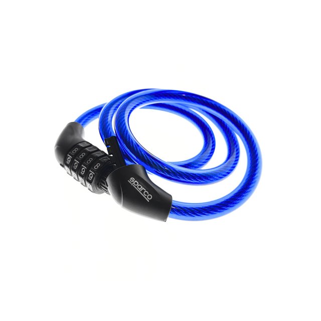sparco candado de combinación se804bl - seguridad portátil para bicicletas, cable azul enrollado con cuerpo negro y disco de combinación de cuatro dígitos visible, vista 3/4 frontal que muestra el logo en la carcasa y el recubrimiento protector contra rayones, ligero y portátil, también adecuado para asegurar accesorios de ciclismo en desplazamientos urbanos.