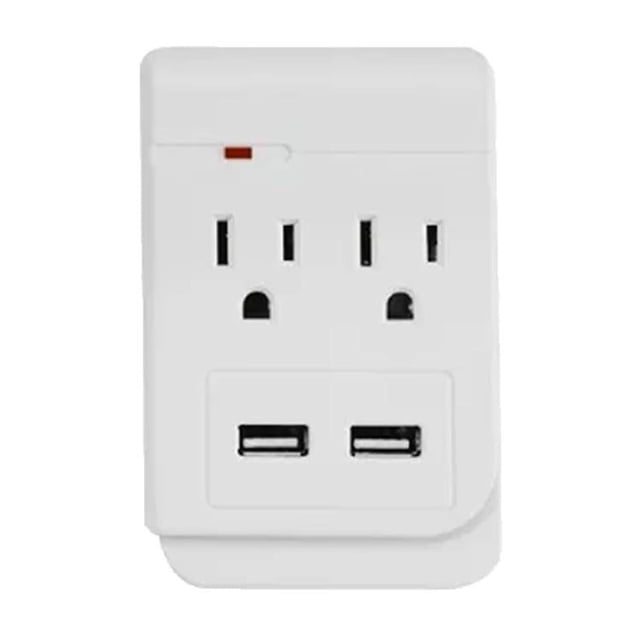 multicontacto doble igoto 2 entradas usb 2.1 a blanco am06 — adaptador de pared blanco, vista frontal centrada con dos tomas tipo A con tierra y dos puertos USB 5V 2.1A; carcasa ABS con indicador LED rojo arriba, formato compacto, usado a menudo para cargar teléfonos y accesorios.