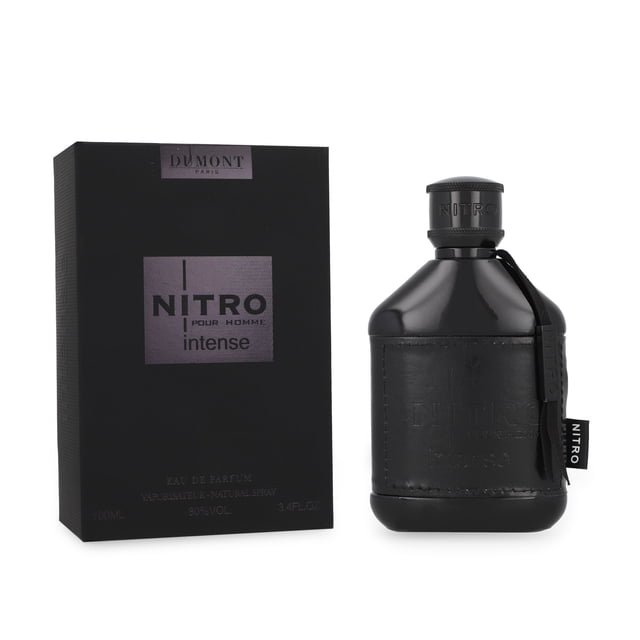 dumont nitro pour homme intense 100ml edp spray botella y caja negra frontal. Botella de vidrio oscuro con funda de cuero cosida y etiqueta colgante 'NITRO'; caja mate con panel morado que muestra nombre y versión intense, fragancia oriental amaderada para caballero, 100 ml. Apto también como opción de viaje por su formato compacto.