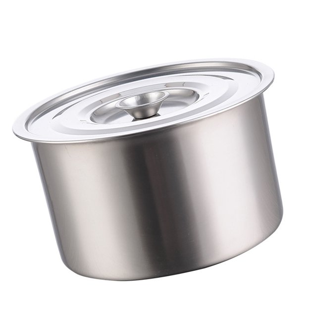 olla de acero inoxidable, ollas multiusos con tapa, olla de cocción sin costuras para estufa de inducción eléctrica de gas Olla plateada de acero inoxidable en vista 3/4 con tapa encajada; cuerpo cilíndrico sin costuras y paredes lisas, tapa plana con pomo central. Espesor 0.5 cm (0.2 in). Uso multiusos para sopa, batir huevos y otros preparados. Producto de importación, marca Anggrek.