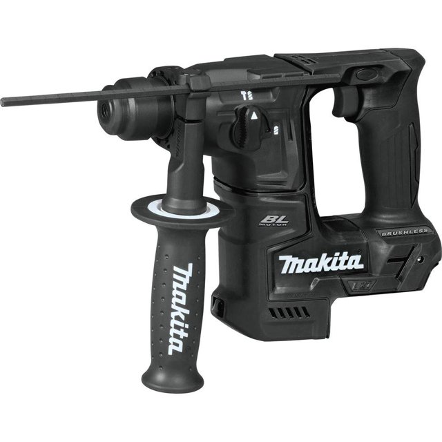 martillo perforador makita xrh06zb 18v lxt litio-ion 1.8j rotomartillo inalámbrico Makita sin escobillas en vista lateral; sub-compacto de 10-3/4" con cuerpo negro, empuñadura trasera y mango auxiliar frontal con logo Makita, portabrocas SDS-Plus y selector de modo visible; 1.8J de impacto, diseño ergonómico para reducir fatiga; también es adecuada para mantenimiento en espacios reducidos.