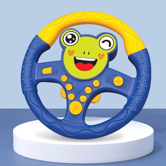 volante de juguete yotijar juguete de asiento de volante de simulación rana, vista frontal centrada de volante infantil redondo azul y amarillo con cara de rana verde en el centro; botones para música y sonidos, bocina y texturas en el aro; plástico, aprox. 20x20 cm, ideal para juego de roles y estimulación sensorial, portátil para llevar en el cochecito.