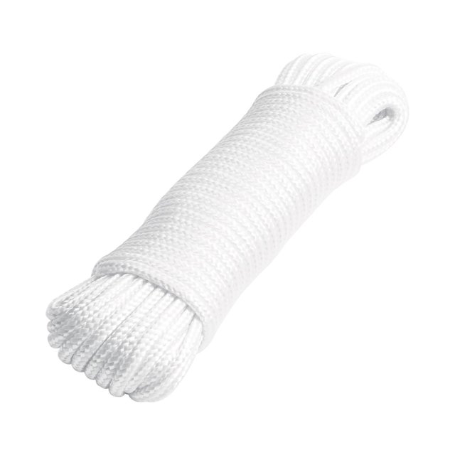 piola de poliéster diamante de 4 mm x 15 m blanca, fiero Cuerda trenzada blanca 4 mm x 15 m con patrón diamante, enrollada y sujeta en el centro; fabricada en poliéster y polipropileno, empaque con etiqueta Truper; ideal para cortineros y sujetar objetos, y adecuada para colgar luces decorativas en temporada navideña.