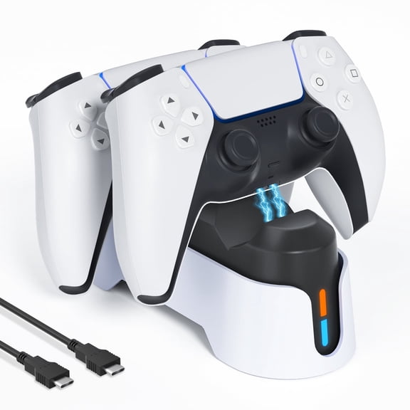 PS5 Controller Cargador, Estación de Carga PS5 para Control Playstation 5 Dualsense con Indicador LED, Accesorios PS5 Mejorados Incluyen Cable de Carga Rápida, Soporte de Cargador Dual PS5 Blanco