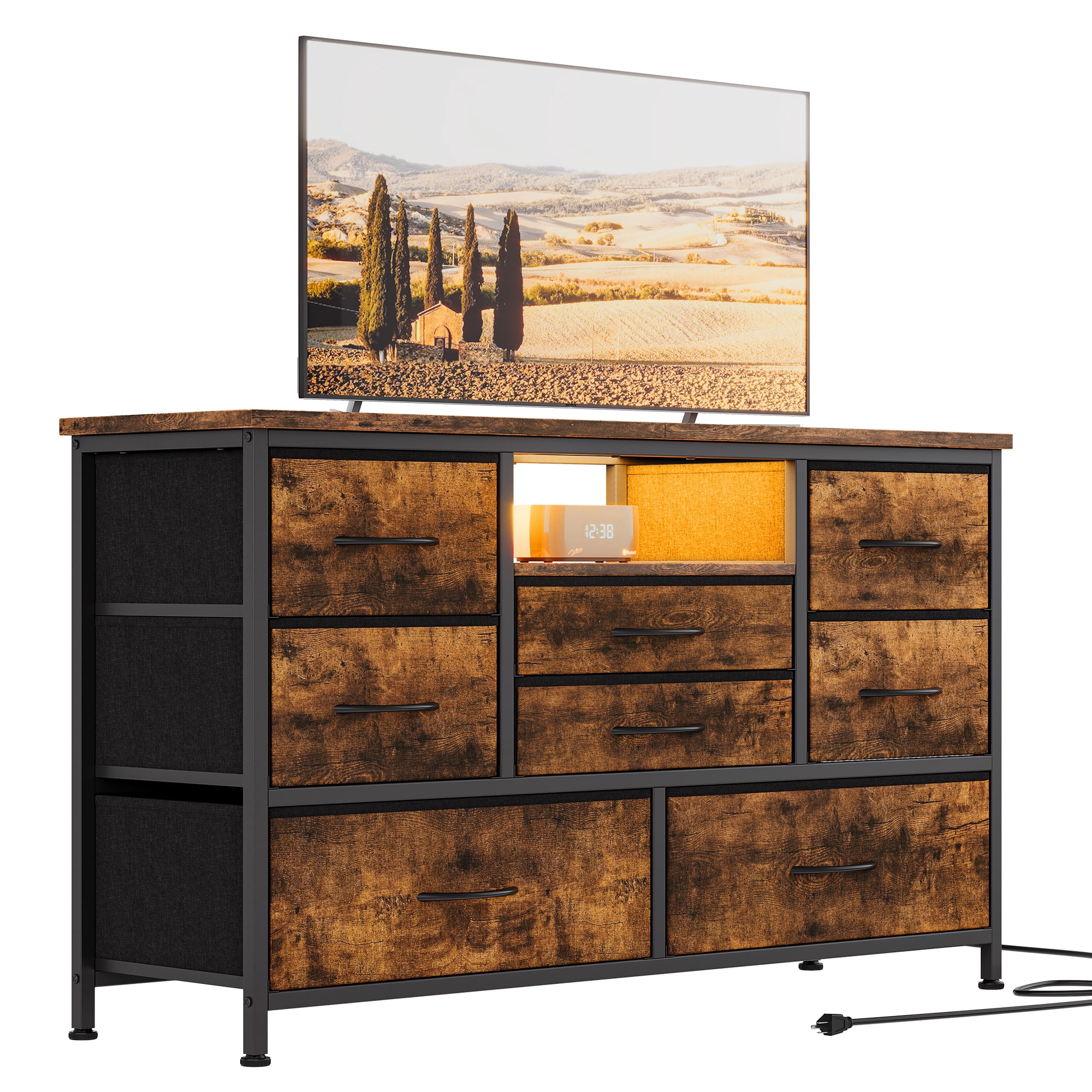 Centro de entretenimiento mueble TV 8 cajones, rayas de tigre, superficie de madera para TV hasta 55 pulgadas, con enchufe y luces LED 20 colores, consola ancha de almacenaje, ideal para dormitorio