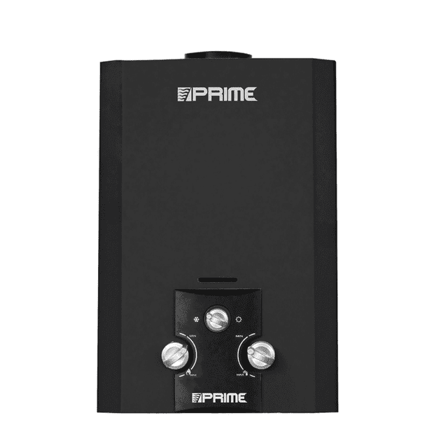 calentador de agua instantaneo gas lp 1 servicio prime negro, vista frontal centrada con logo Prime arriba, panel inferior con tres perillas metálicas para control de flujo y temperatura, superficie mate y salida de chimenea superior; entrega 6 L/min, ideal para espacios pequeños y adecuado para calentar agua de lavabo en talleres o áreas de servicio.