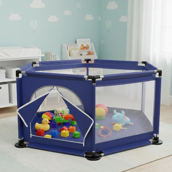Corral De Multi-Juegos Hexagonal Para Bebes Niños Corralito Para Bebé Juego De Parque Infantil Parque Para Bebés Malla Suave y Transpirable Anticaída (Azul Marino)