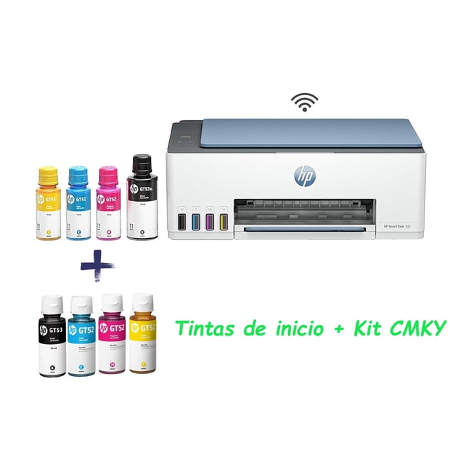 impresora multifuncional hp smart tank 585 tinta continua color wi-fi bluetooth adf + pack tintas cmyk vista frontal centrada de la impresora HP en color negro con tapa superior azul, panel táctil de 5.5 cm visible, depósitos de tinta frontales y pack de botellas CMYK junto a la unidad; bandeja de salida abierta e íconos de Wi‑Fi y Bluetooth. Soporta impresión, escaneo, copiado, fax y ADF hasta 35 hojas con conexiones USB 2.0 y LAN. Ideal para pequeñas oficinas o home office y a menudo usada para imprimir pruebas de color.