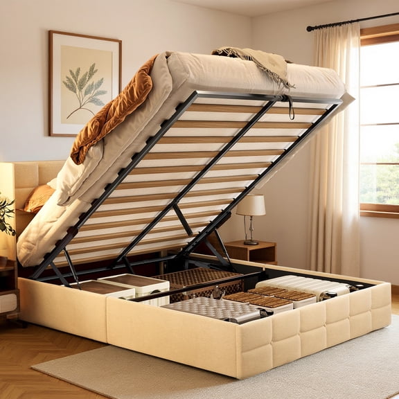 Zocalo Cama Queen con Almacenamiento Elevable, Cabecera Tapizada y Base Hidráulica, Beige
