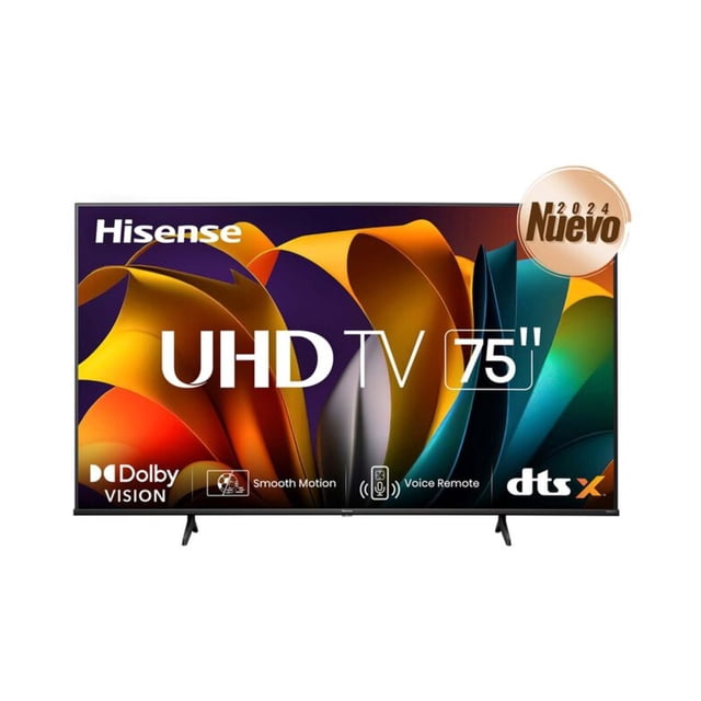 tv 75 pulgadas smart tv uhd 4k hisense 75a6nv televisor de 75 pulgadas con pantalla plana UHD 4K, marco negro delgado y patas en V; pantalla muestra gráfico multicolor con texto UHD TV 75" y logos visibles de Dolby Vision, Direct Full Array y Smooth Motion, insignia "Nuevo 2024" en la esquina superior derecha.