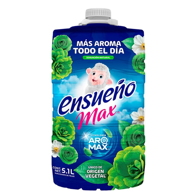 suavizante de telas ensueño max sensación natural 5.1 l Envase frontal de 5.1 L con tapa de rosca blanca; etiqueta azul degradada con logo Ensueño Max, dibujo de oveja y flores verdes y blancas; texto "Más aroma todo el día", "único de origen vegetal" y uso en lavadora; aporta aroma perdurable y suavidad; a menudo usado también para perfumar ropa de cama.