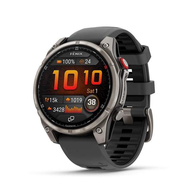 reloj garmin fēnix 8 pro 51mm amoled zafiro titanio Reloj inteligente GPS multideporte 51 mm, vista 3/4 con pantalla táctil AMOLED 1.4", bisel de titanio, lente de zafiro y correa de silicona grafito/negra; muestra hora, nivel de batería y métricas de actividad; también es adecuado para seguimiento de rutas en aventuras fuera de la red.