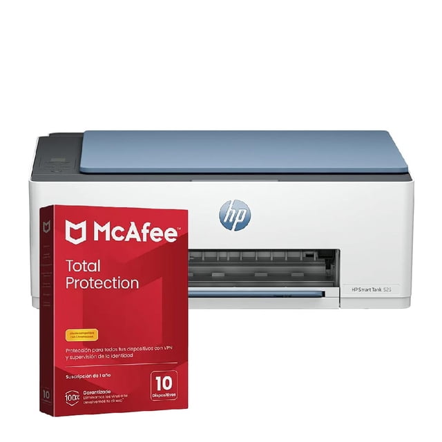 multifuncional hp 525 smart tank color y antivirus mcafee licencia digital Blanco multifunción HP 525 Smart Tank color, vista frontal centrada con tapa superior azul claro y bandeja de salida visible; panel LCD con botones y puerto Hi-Speed USB 2.0; caja de McAfee en primer plano; impresión color, copia y escaneo, tanque de tinta inteligente sin cartuchos según especificación y control mediante HP Smart App, ideal para casa, oficina o estudiantes.