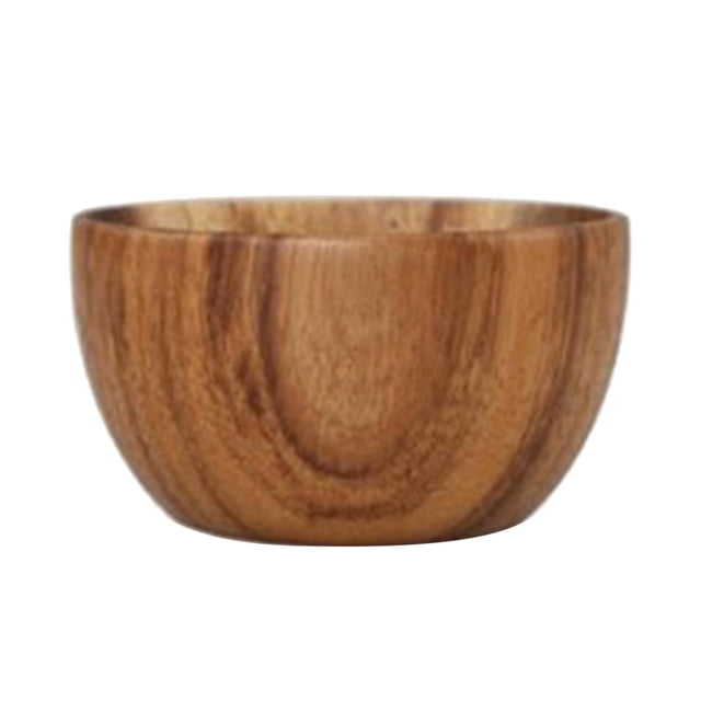 ensaladera redonda de madera, utensilios de cocina para el hogar y restaurantes, ideal para mezclar arroz y fideos. los 8x6cm vista frontal centrada de un cuenco redondo de madera con silueta baja y paredes curvas, vetas naturales y acabado liso; tamaño 8x6 cm. adecuado para servir ensaladas, arroz, fideos y bowls diarios; a menudo usado también para presentar postres en fotos de comida.