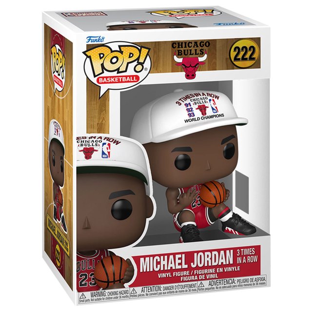 figura coleccionable funko pop nba bulls michael jordan 3tiempos 1 pieza con Michael Jordan en estilo Funko Pop sentado sosteniendo balón y gorra blanca que lee "3 TIMES IN A ROW", vinil multicolor, aprox. 10 cm, empaque con ventana, logo Chicago Bulls y número 222.