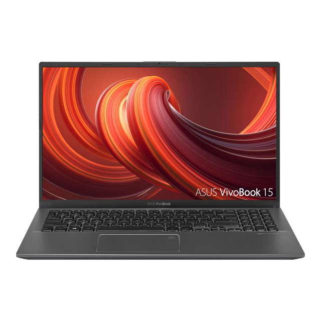asus vivobook f512da laptop de 15.6" fhd amd ryzen 3-3200u 8gb ram 128b ssd win 10 — Vista frontal centrada de la laptop abierta con pantalla 15.6" FHD con fondo rojo naranja, teclado completo con teclado numérico y panel táctil centrado; chasis gris pizarra, incluye lector de huellas y logo ASUS VivoBook en el bisel inferior; adecuada como estación portátil para edición ligera y trabajo remoto.