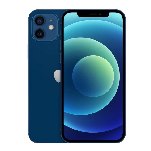 smartphone iphone 12 mini 64gb azul desbloqueado reacondicionado Vista frontal y trasera centradas; pantalla Super Retina XDR encendida con notch superior, módulo con dos cámaras traseras y logo Apple visible. Fondo blanco, sin audífonos incluidos; también adecuado como celular de bolsillo para uso diario.