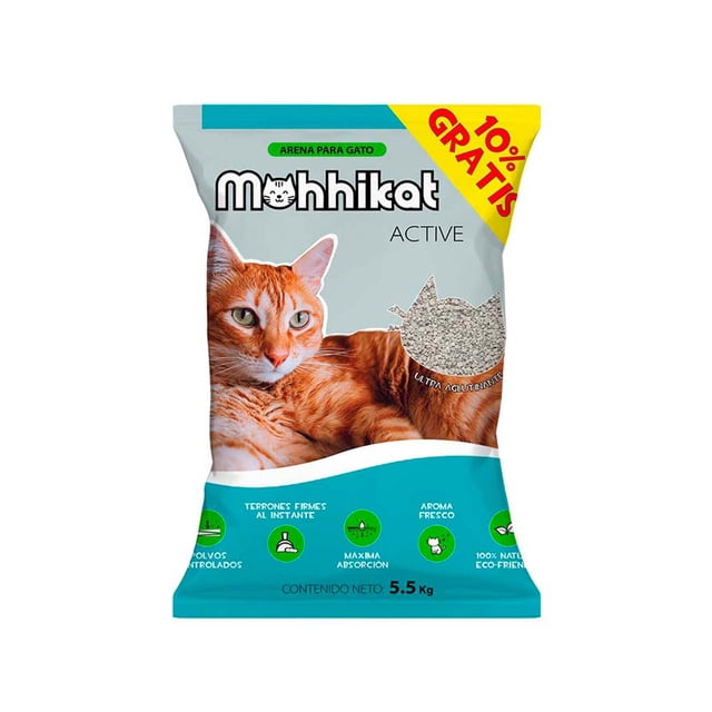 arena para gatos mohhikat active 5 kg. Bolsa azul frontal con logo Mohhikat y foto de un gato naranja; etiqueta '10% gratis'. Muestra de gránulos medianos gris claro y iconos que indican arena aglutinante, control de olores y máxima absorción, adecuada para areneros abiertos o cerrados.