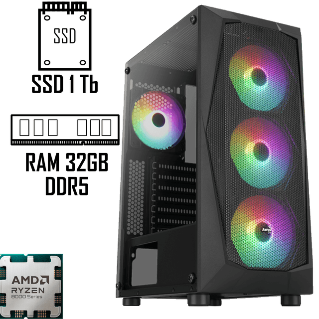 pc gamer ryzen 5 8600g 32gb ram ddr5 ssd 1tb + 80 Torre ATX negra, vista 3/4 frontal con panel lateral de vidrio templado, tres ventiladores RGB frontales y uno trasero visibles; especificaciones indicadas: AMD Ryzen 5 8600G, placa A620, 32GB DDR5, SSD 1TB, fuente 500W +80 y Wi‑Fi. Espacio interno para ampliar RAM, almacenamiento o agregar tarjeta de video.