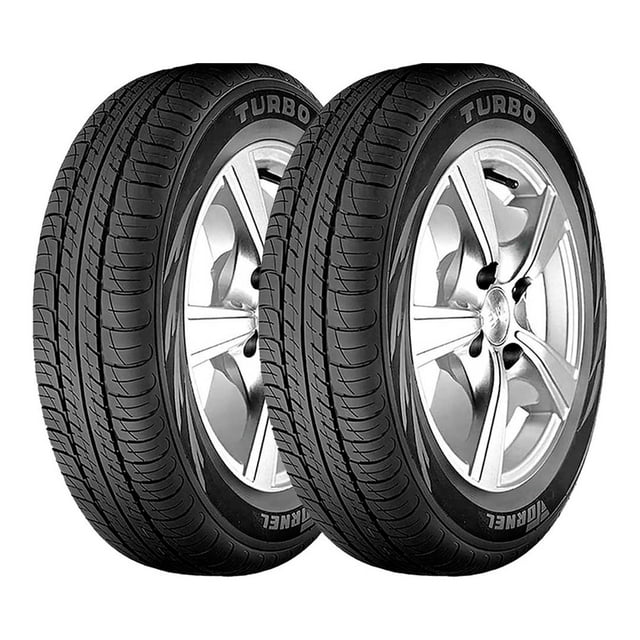 paquete de 2 llantas 175/70r13 tornel turbo 82t, dos llantas montadas en rines en vista frontal-3/4, dibujo asimétrico con canales circumferenciales y flancos negros con la marca Tornel y la palabra Turbo legible; diseñadas para autos compactos y uso en calle; también suelen usarse como repuesto de emergencia para viajes cortos.