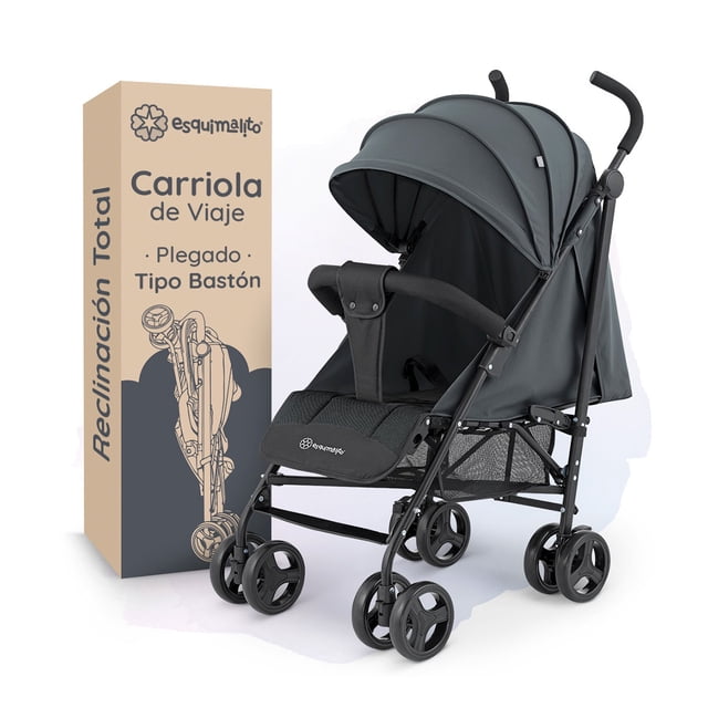 carriola de bastón para bebé esquimal, carreola de viaje, ligera, toldo amplio, reclinación total (negro - gris) Carriola EasyRoll ESQUIMALITO en vista 3/4, estructura negra con tela Oxford gris, toldo amplio desmontable y panel trasero de malla. Asiento acolchado con reclinación total y arnés de 5 puntos, barra frontal removible; ruedas dobles giratorias con bloqueo delantero y freno trasero de un toque, canastilla de malla y plegado tipo bastón mostrado en la caja; ideal para uso urbano desde 3 meses hasta 3 años y apta para salidas rápidas o viajes cortos.